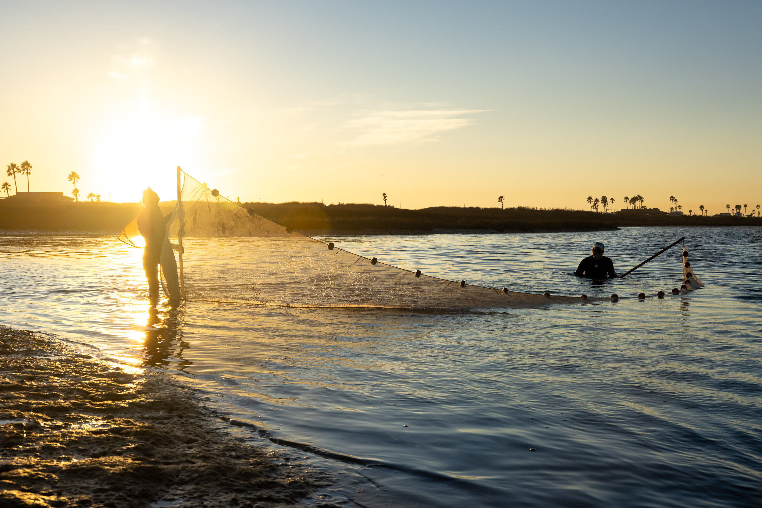 Two people spread a net across a body of water at sunrise
