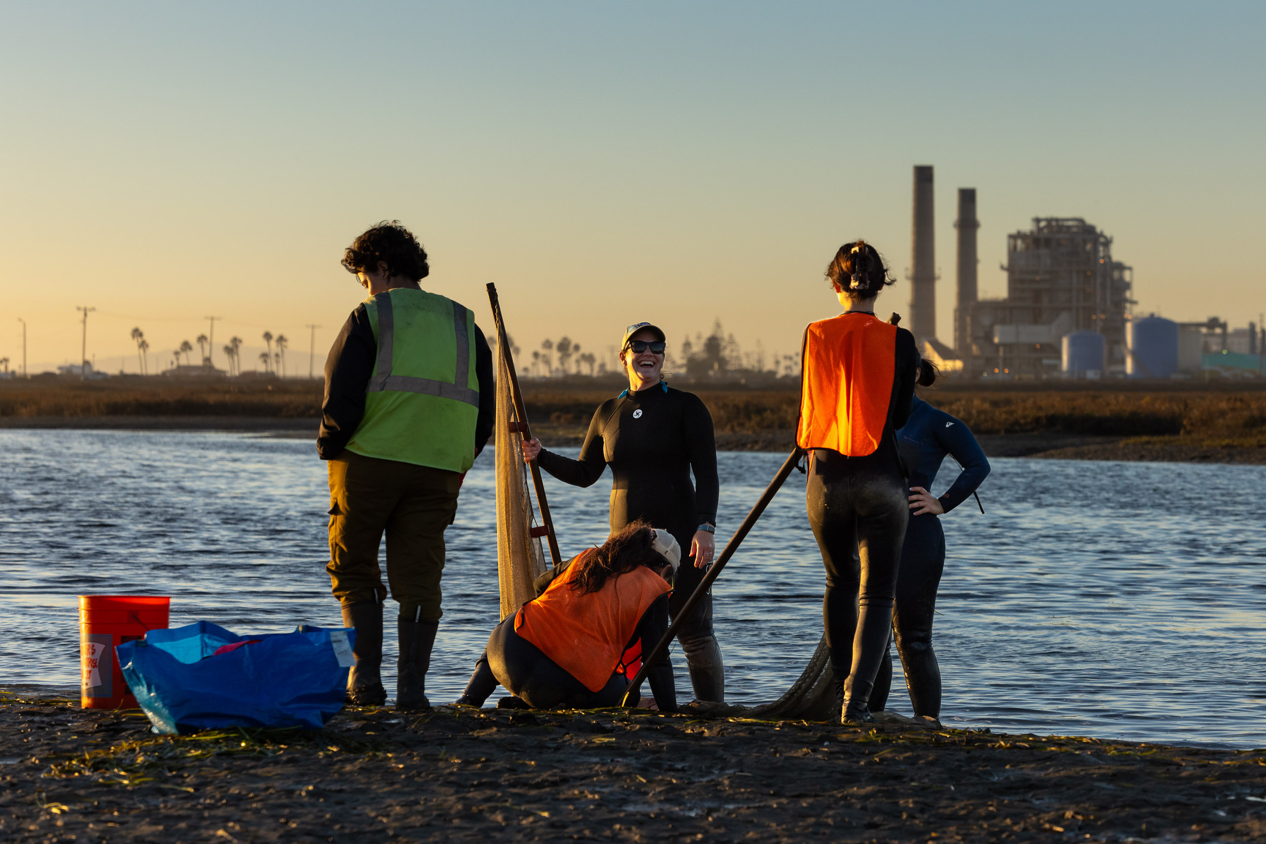 Four people stand by the edge of a wetlands with an industrial site in the background