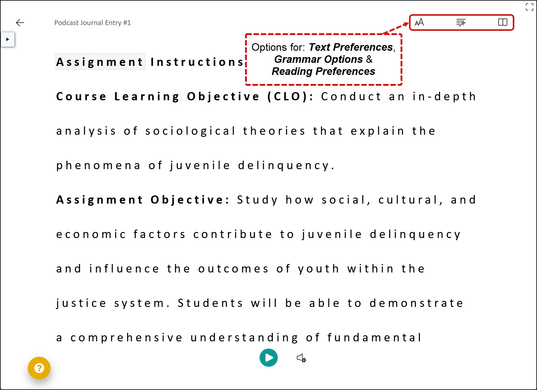 screenshot of immersive reader button to select text options