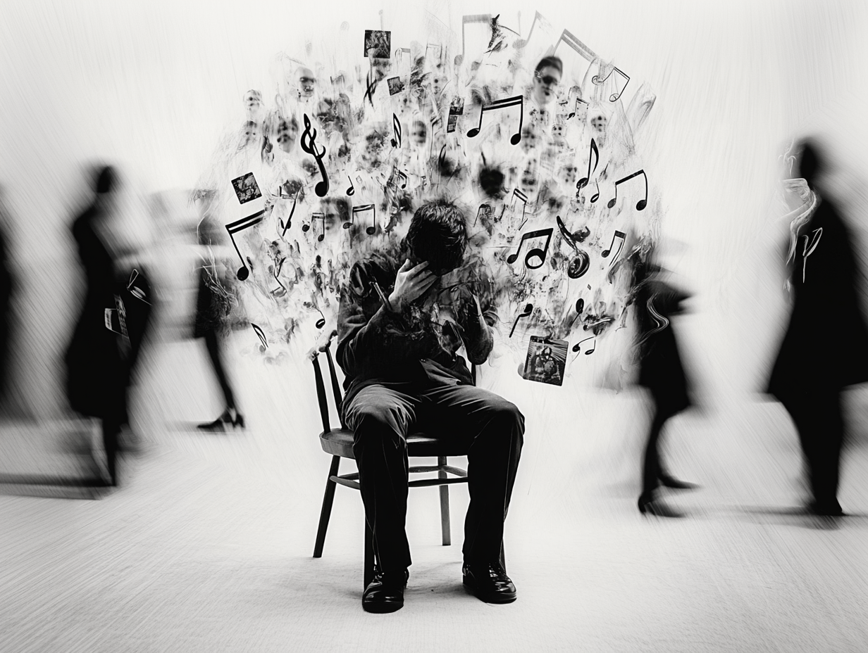 Black and white illustration of a man sitting on a chair, hunched forward, covering his face. Surrounding him are swirling musical notes and floating faces, while indistinct figures walk by in the background, conveying sensory overload. Alt text in caption