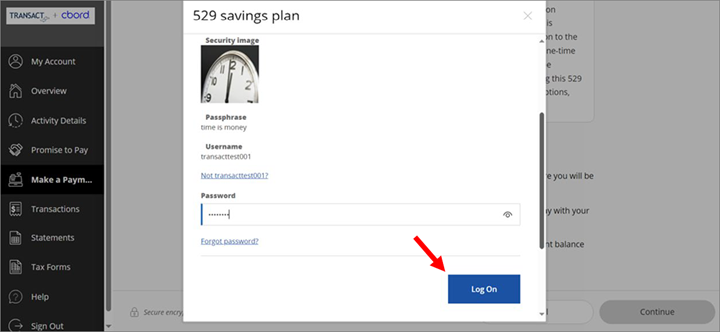 enter your username and password for savings plan and click Log On