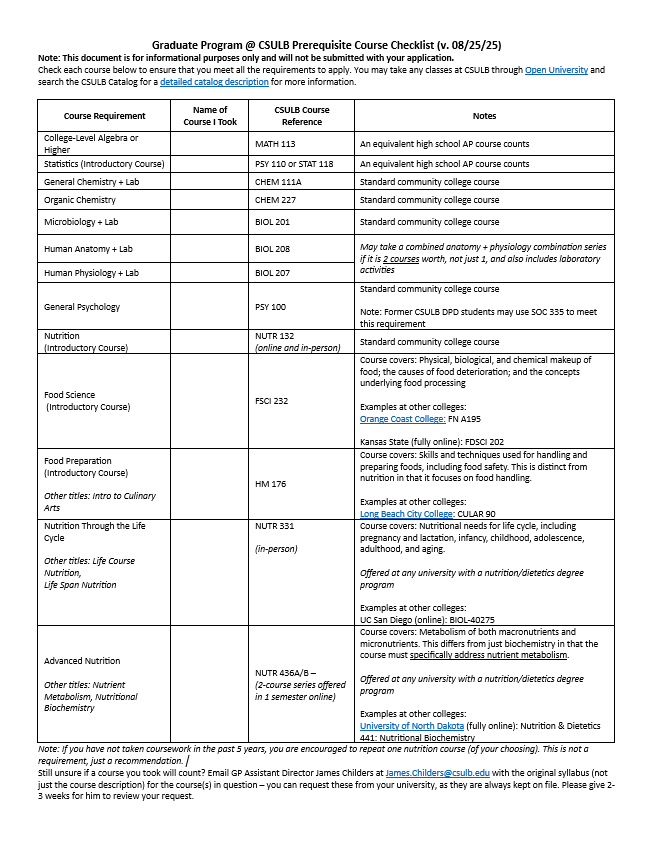A 4 by 14 table listing the prerequisite course work, the CSULB course number equivalent, and potential other universities that offer the course