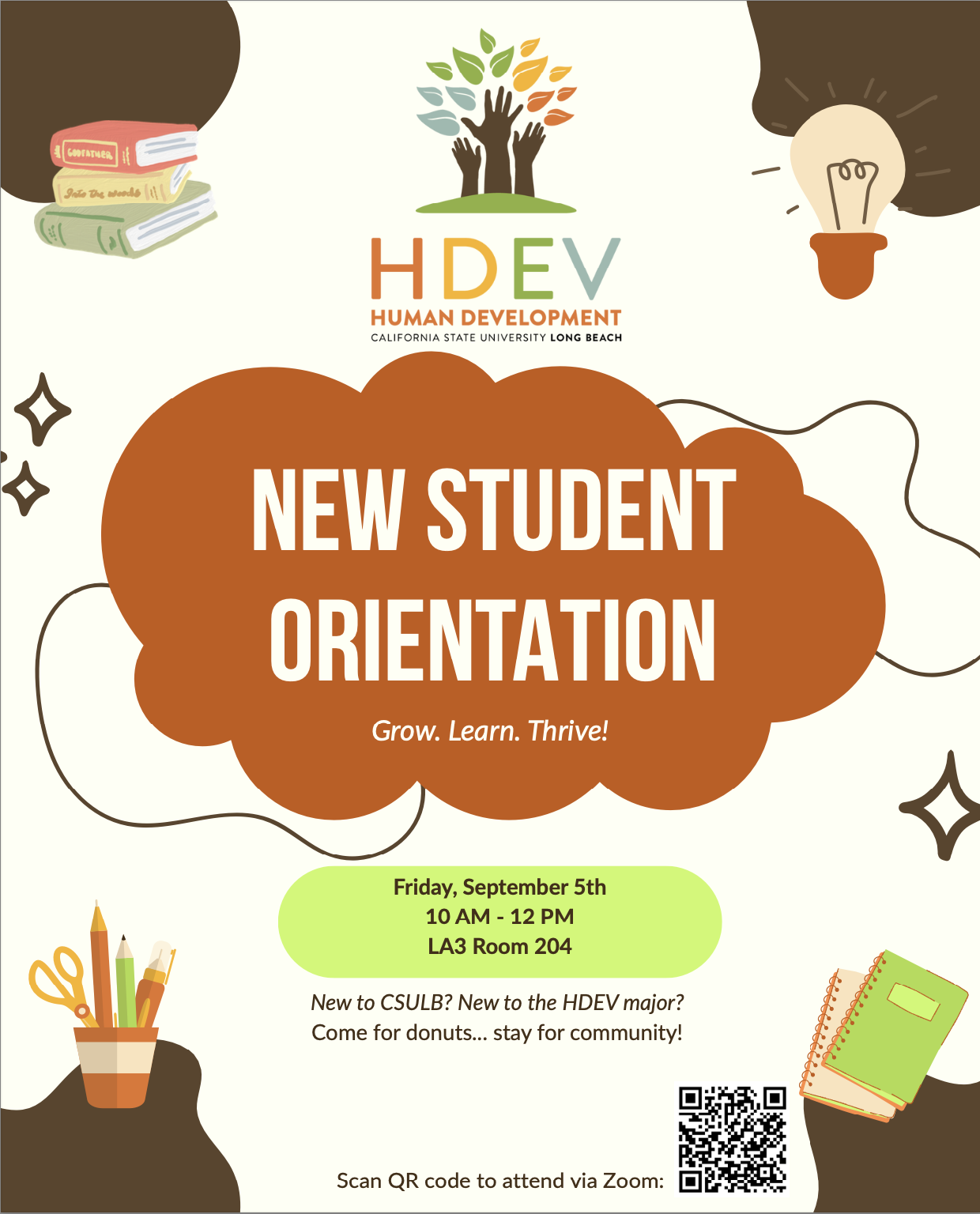 New Student Orientation Flyer New human development major and minor student orientation located at LA3 Room 204 on Friday September 5, 2025 from 10 am to noon.