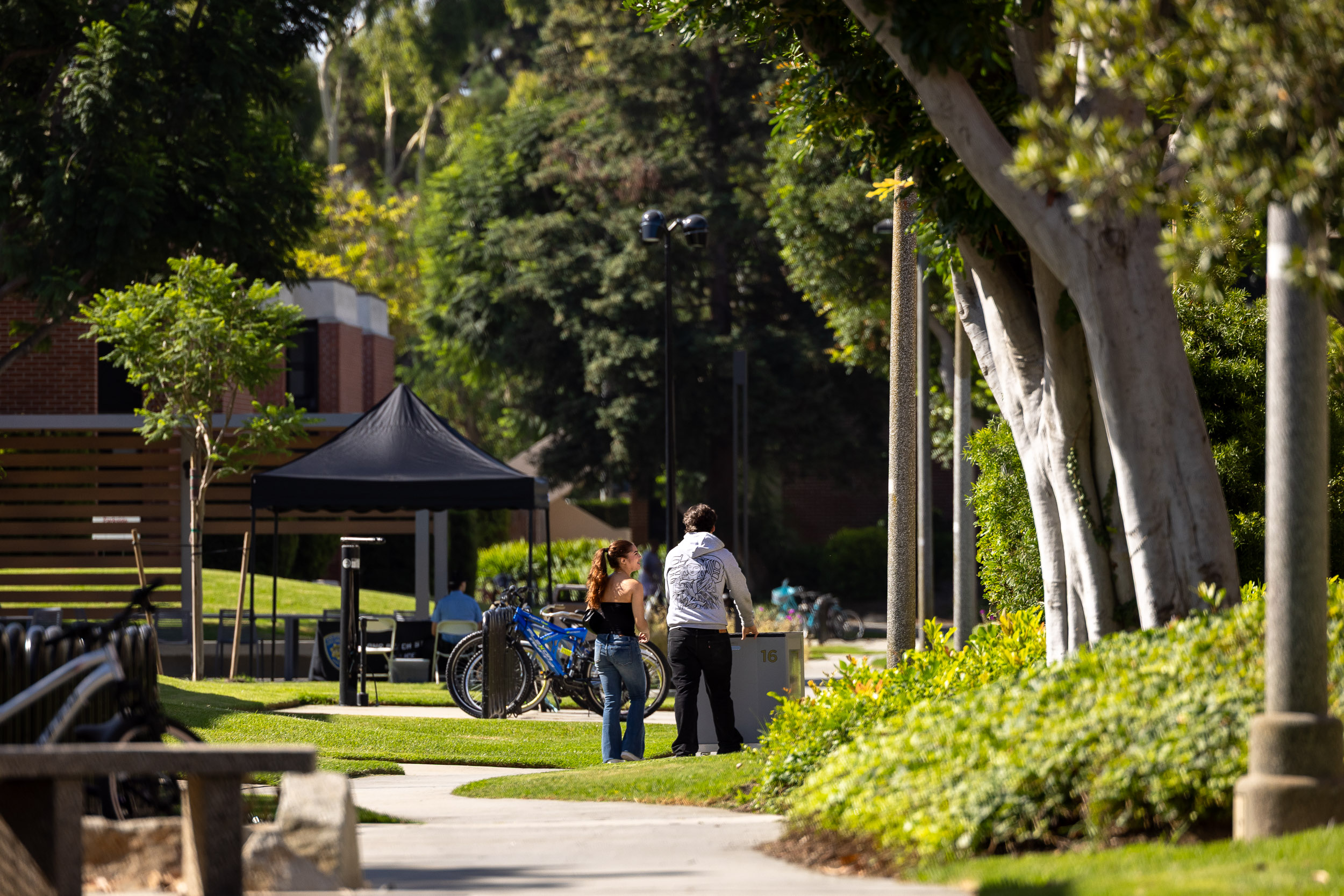 Two people walk on a campus path, one pushing a cart