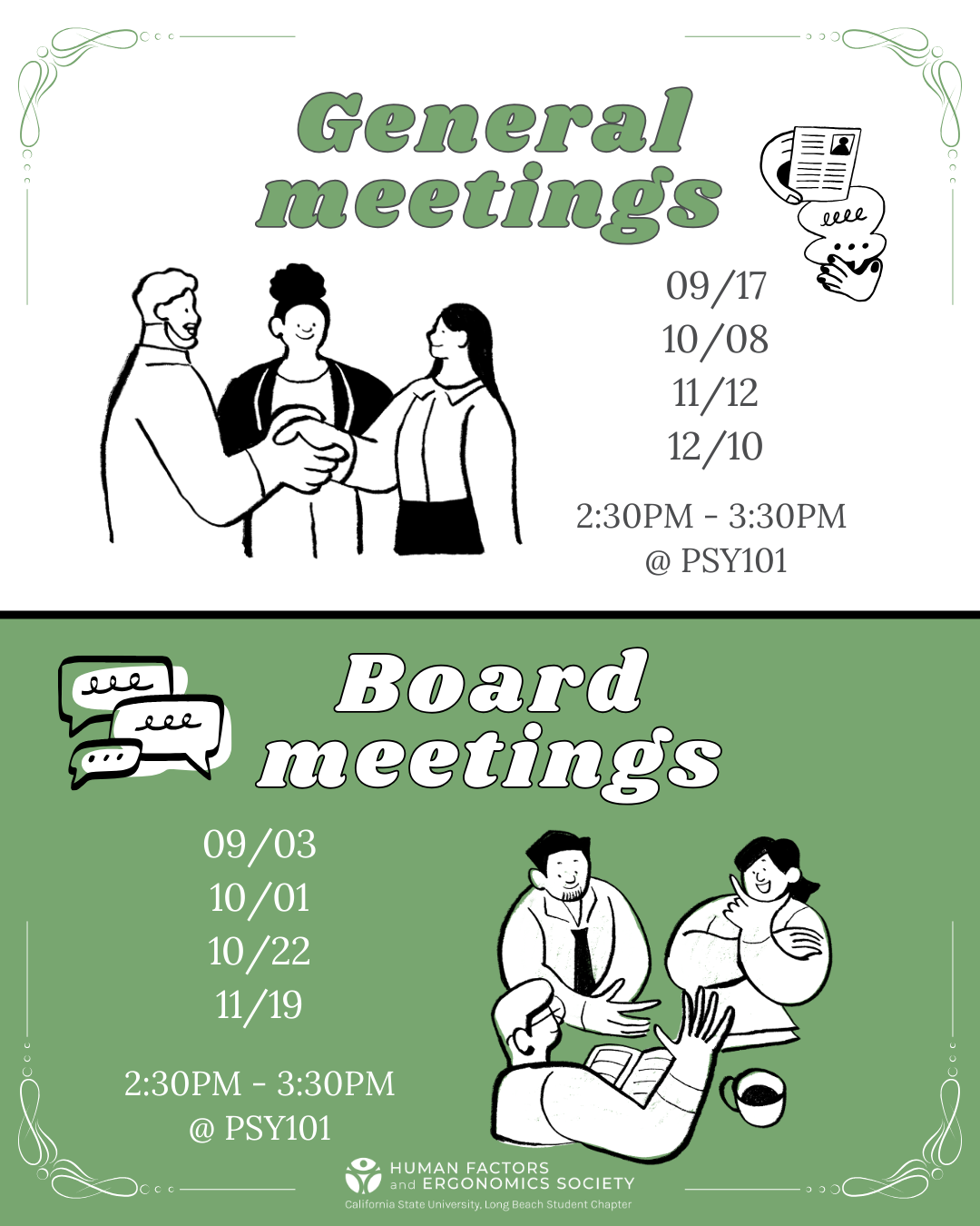Schedule of HFES chapter board meetings and general meetings