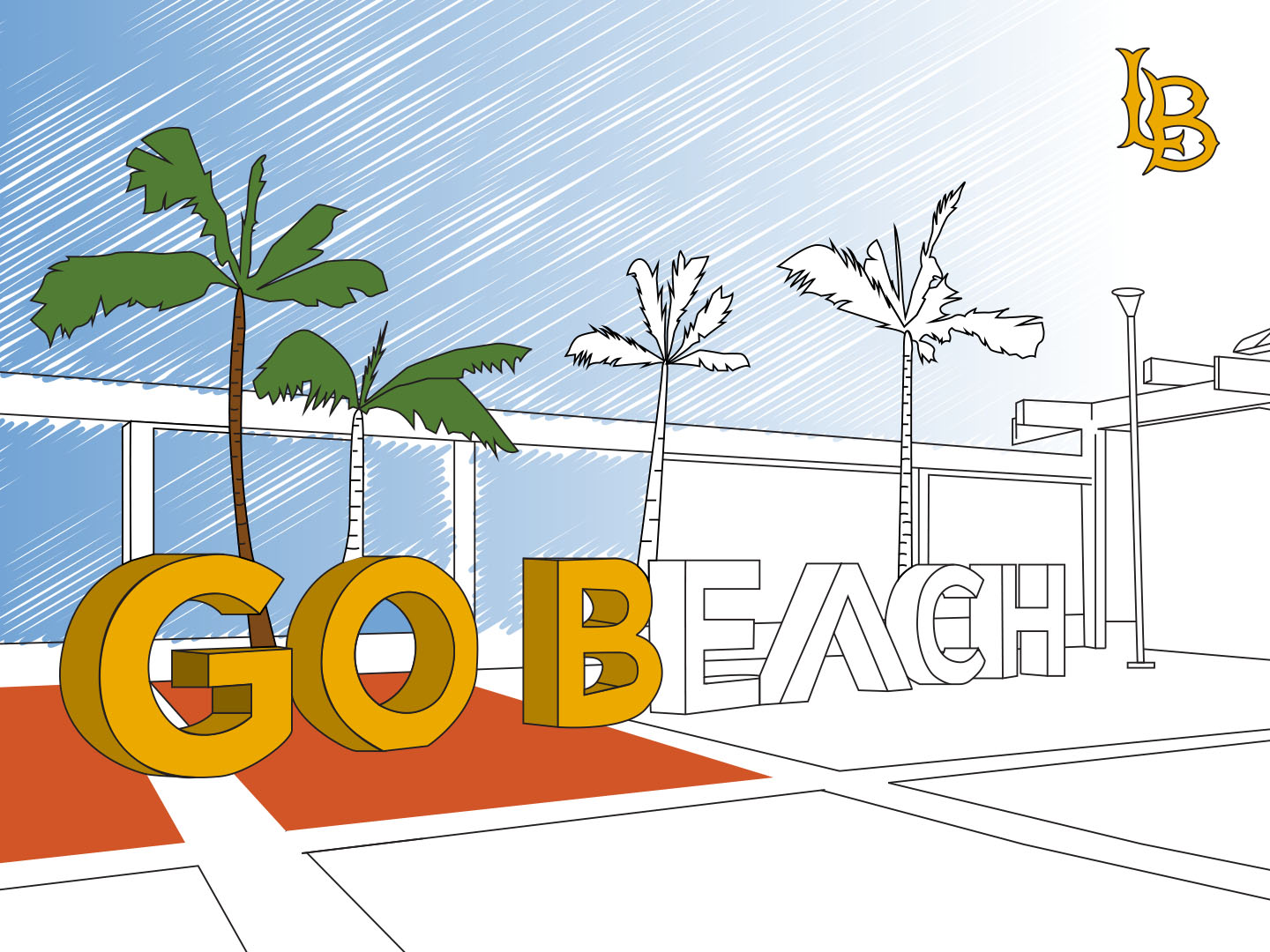 partially colored CSULB coloring page of GO BEACH sign