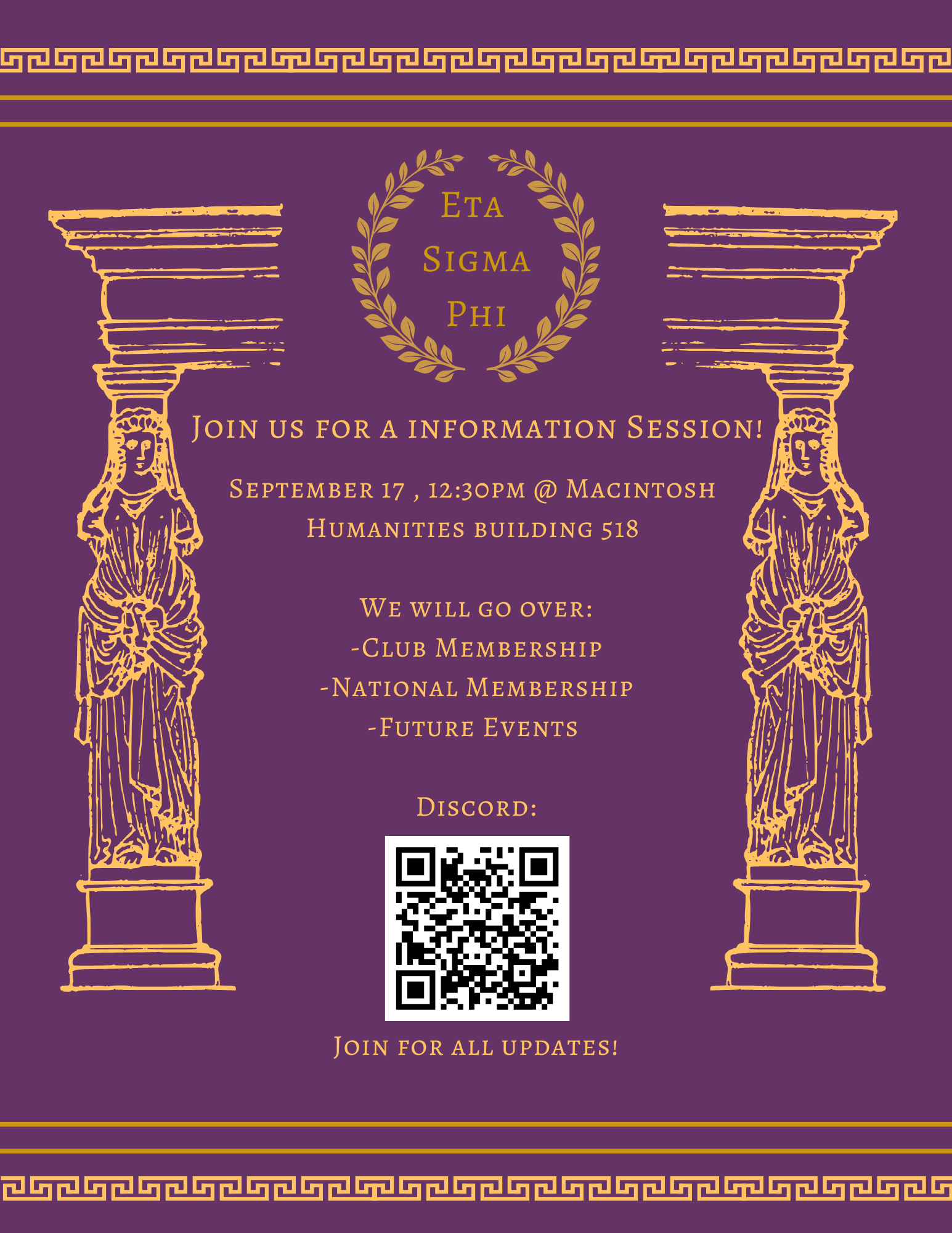 flyer with image of Karyatids and info on place and time