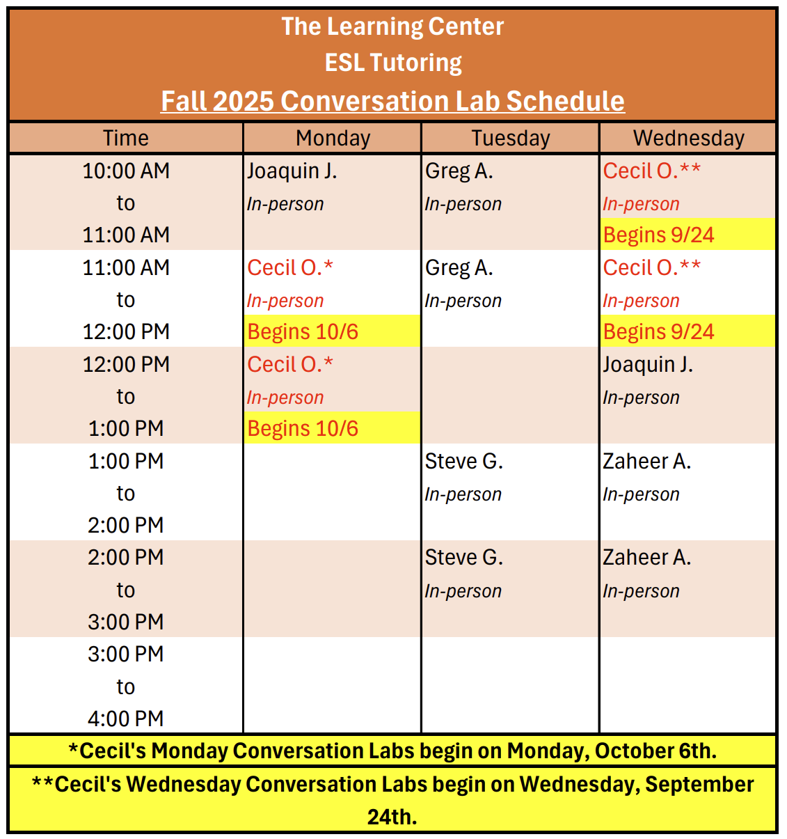 F25 Conversation Lab Schedule