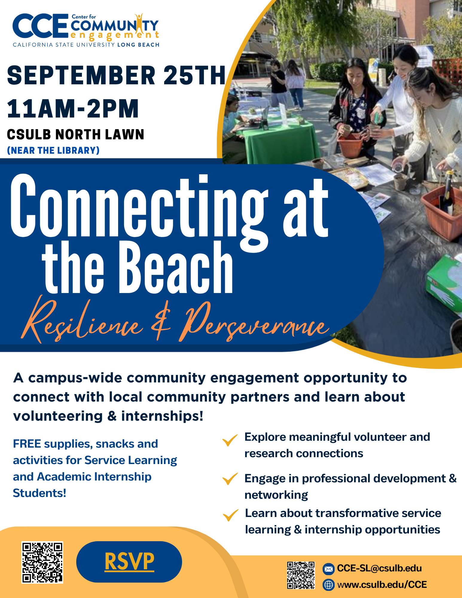 Connecting at the Beach Flyer Connecting at the Beach: A campus-wide community engagement opportunity to connect with local community partners and learn about volunteering & internships!