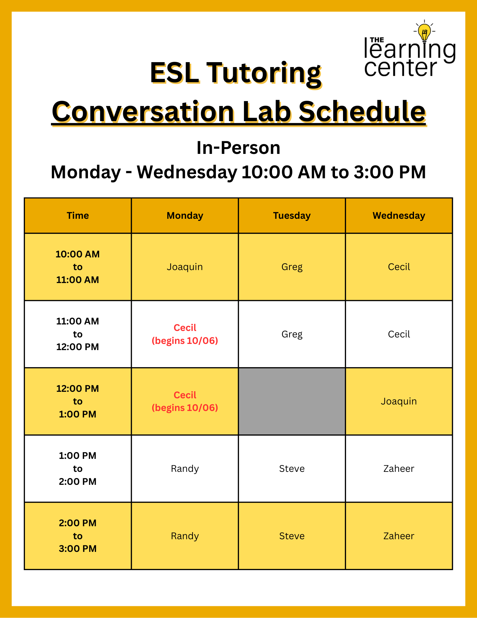 Fall 2025 ESL Tutoring Conversation Lab Schedule