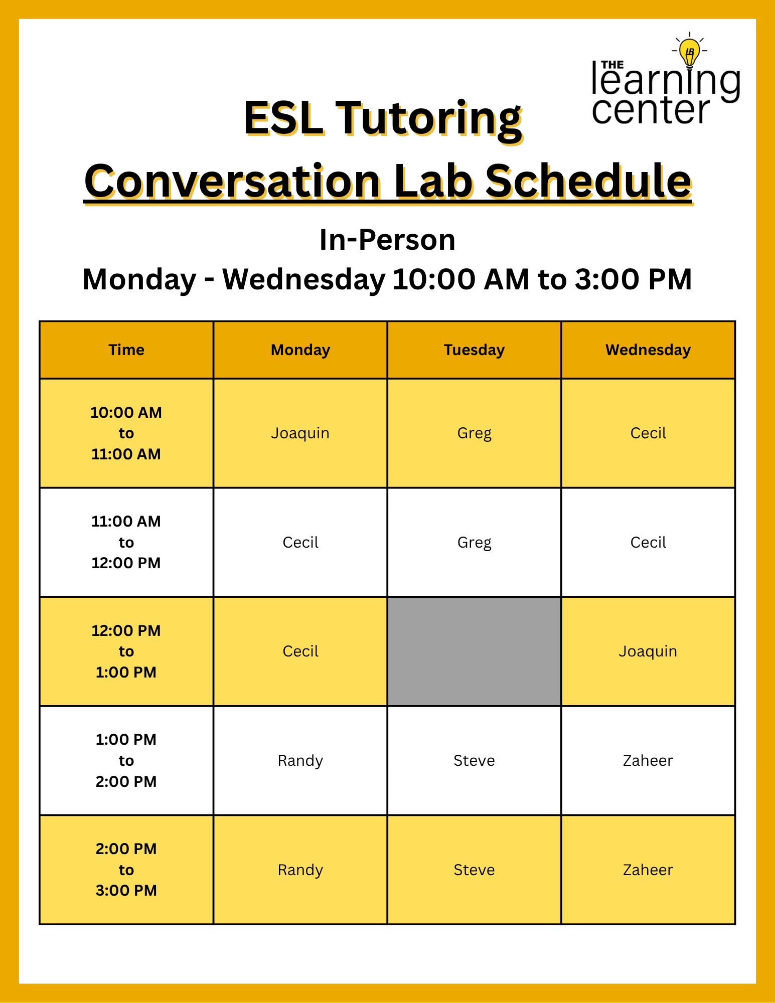 Fall 2025 ESL Tutoring Conversation Lab Schedule