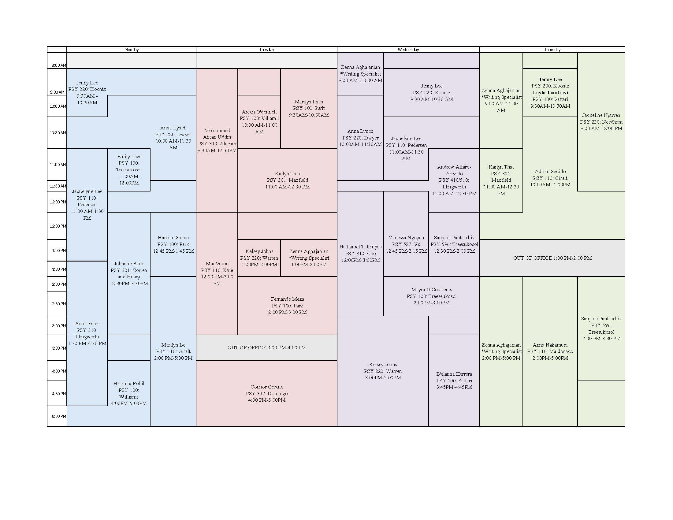 F25- PSSC Office Hour Schedule