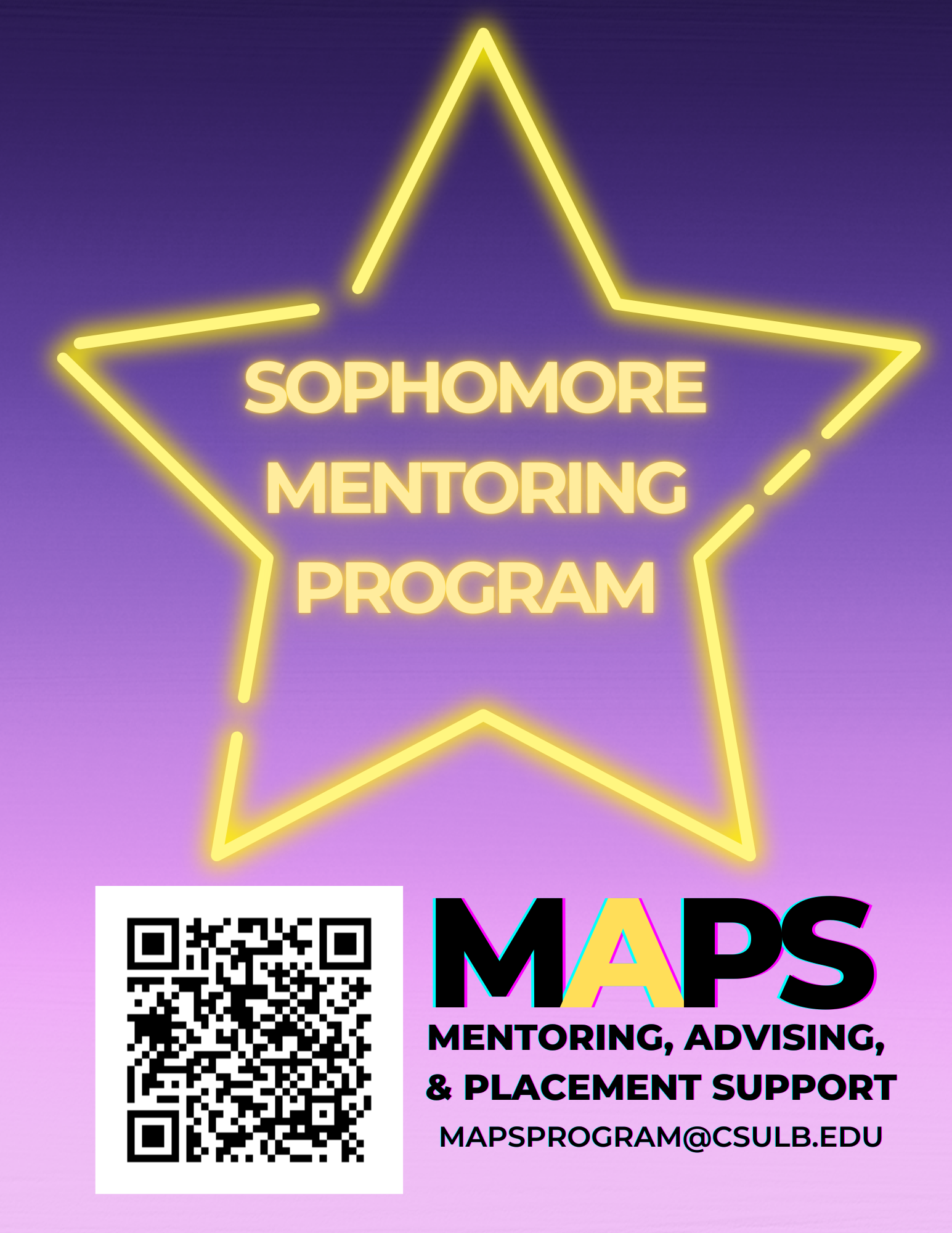 Purple to Lavender background with a neon yellow star framing Sophomore Mentoring Program with QR code