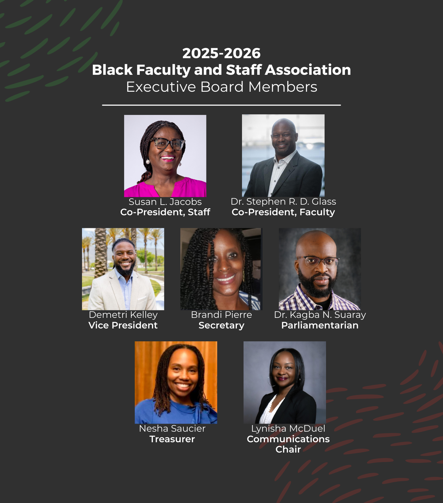 2025–2026 Black Faculty and Staff Association Executive Board with member photos, names, and roles. Graphic introducing the 2025–2026 Black Faculty and Staff Association Executive Board Members. Top row: Susan L. Jacobs, Co-President, Staff; Dr. Stephen R. D. Glass, Co-President, Faculty. Middle row: Demetri Kelley, Vice President; Brandi Pierre, Secretary; Dr. Kagba N. Suaray, Parliamentarian. Bottom row: Nesha Saucier, Treasurer; Lynisha McDuel, Communications Chair.