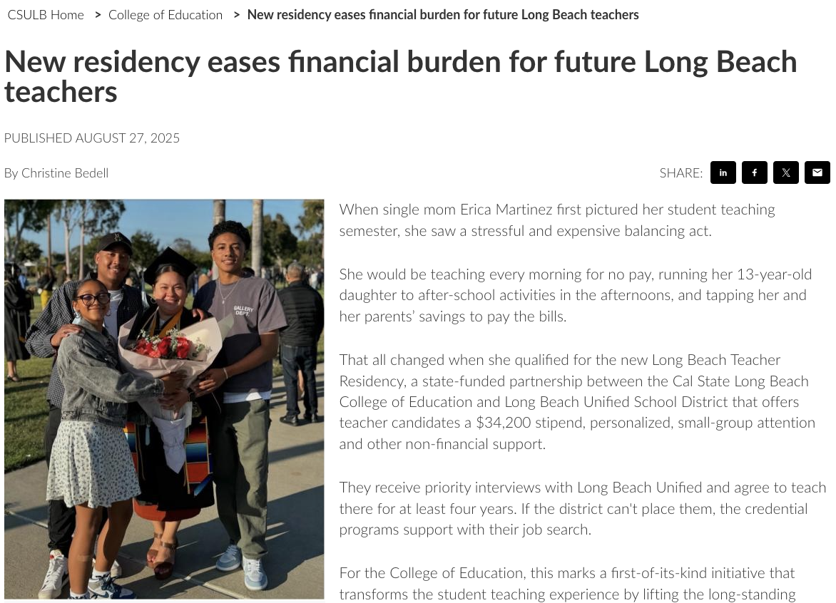 New residency eases financial burden for future Long Beach teachers