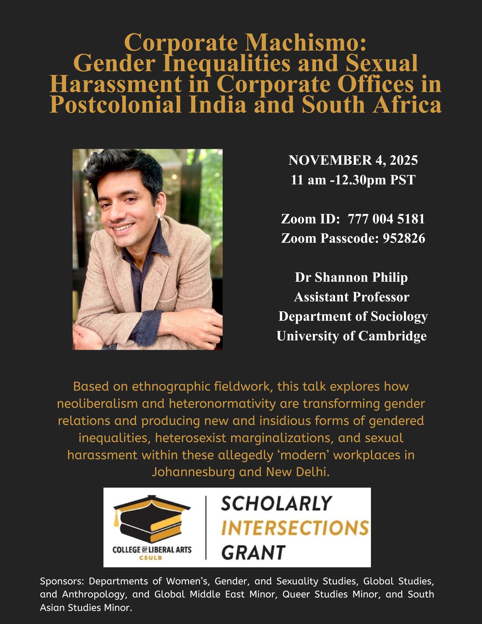 Corporate Machismo Gender Inequalities and Sexual Harassment in Corporate Offices in Postcolonial India and South Africa virtual talk flyer