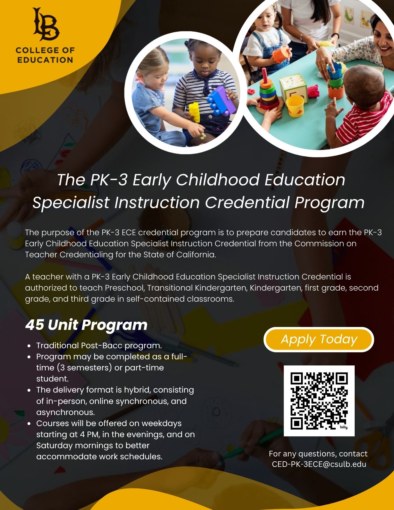 PK-3CP Fall 2026 Enrollment Flyer An enrollment flyer to apply for the PK-3 Early Childhood Education Specialist Instruction Credential Program for Fall 2025. A QR code is linked the PK-3 admissions website.