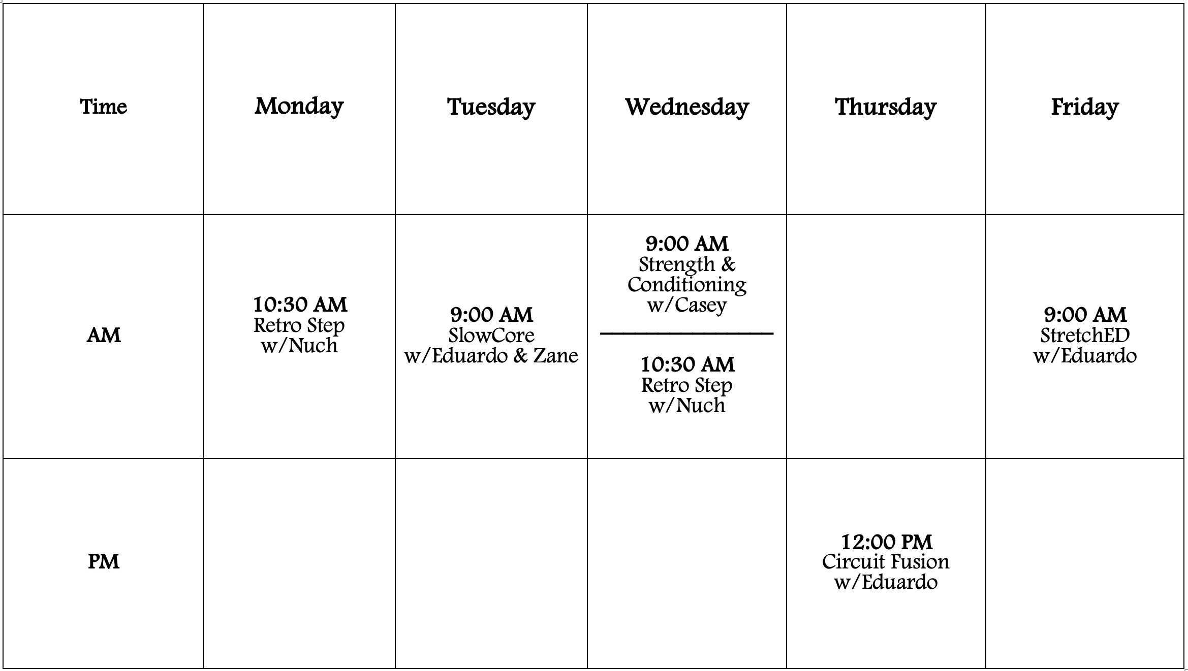 LifeFit schedule
