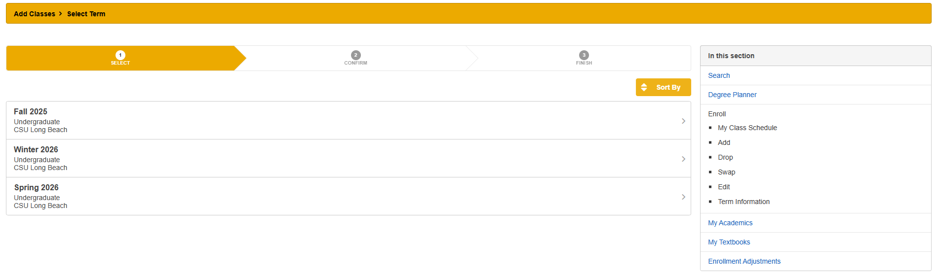Screenshot of MyCSULB Student Center - Select Term screen.