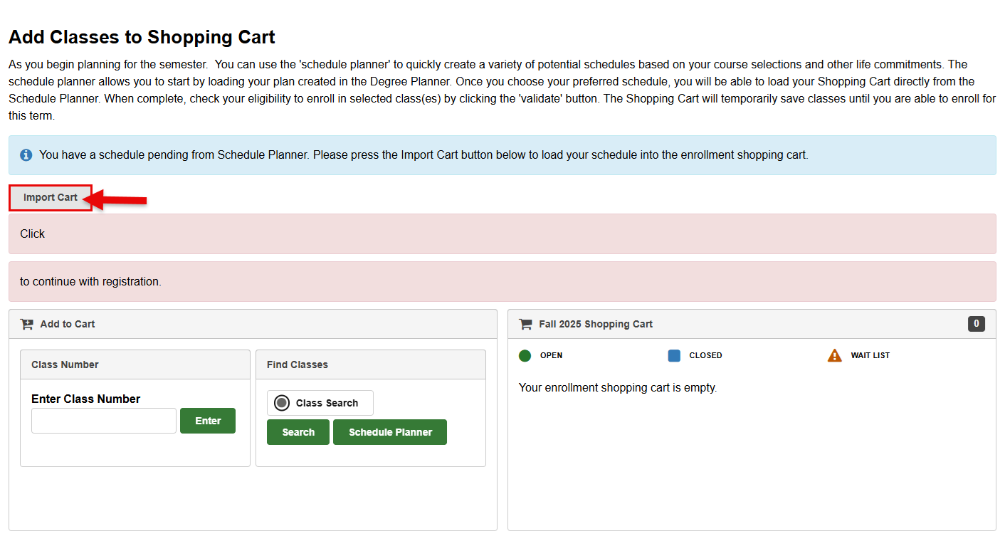 Screenshot of MyCSULB Student Center. Import Cart button is outlined.