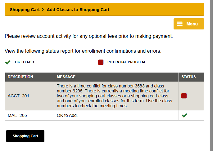 Screenshot of MyCSULB Student Center - Course Validation screen.  One course is OK to add and the other has been flagged for a potential problem.