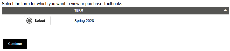 Image showing the option to select the Spring 2026 term to view or purchase textbooks.