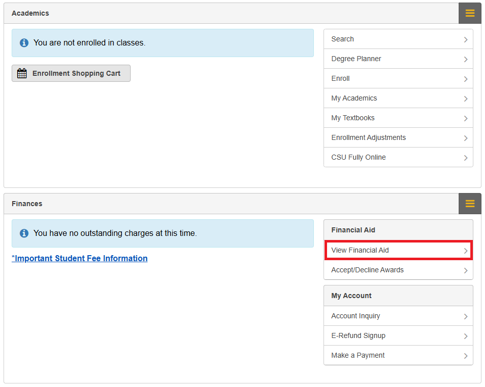 Image of MyCSULB Student Center homepage with a red box over the View Financial Aid section.