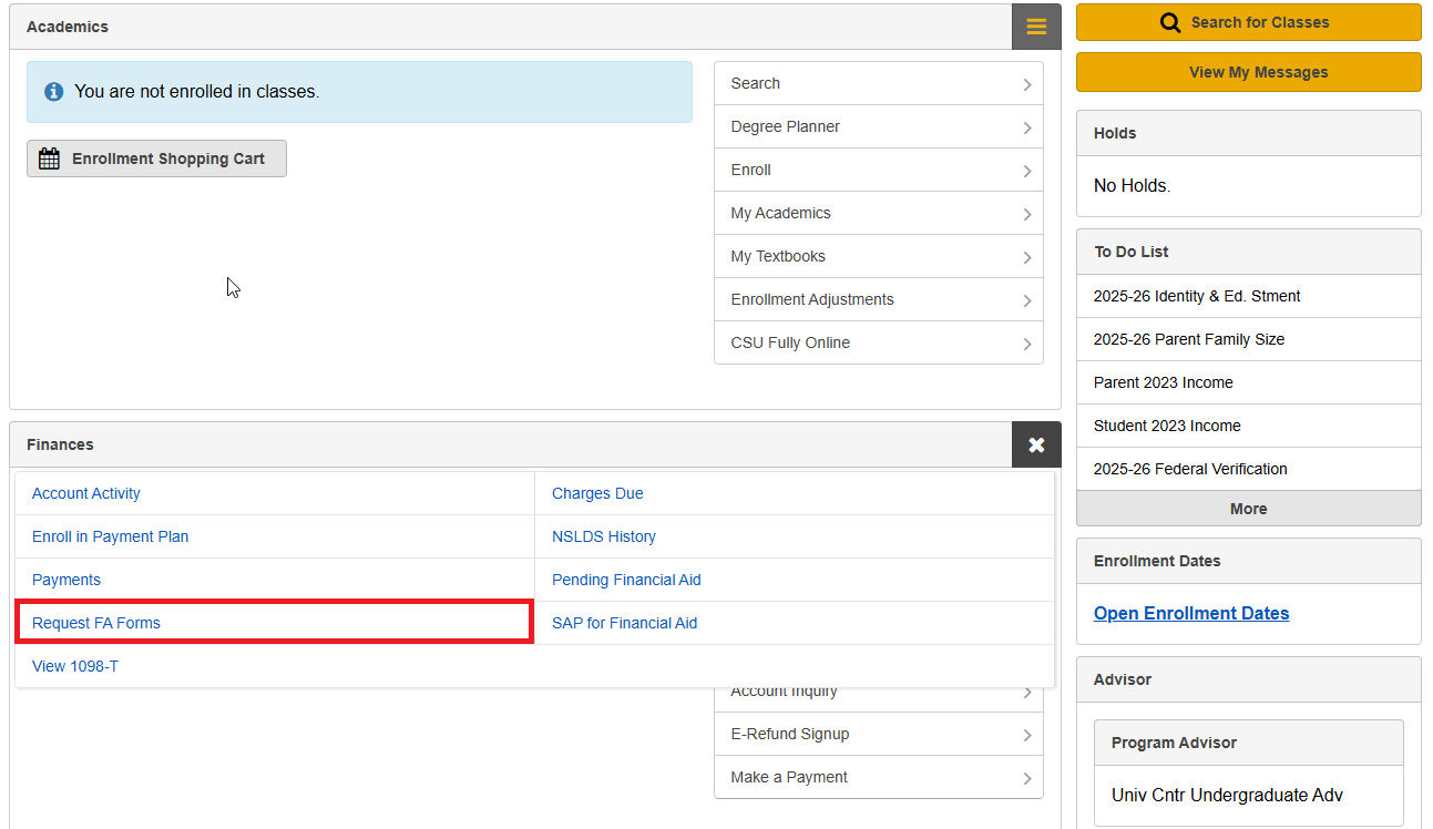 Image showing the MyCSULB Student Center with a red box over the Request FA Forms option under the Finances dropdown.