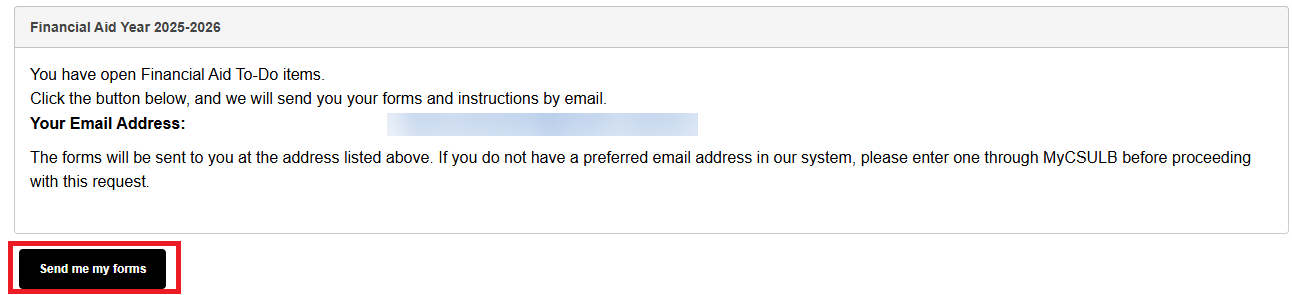 Image showing Financial Aid Year 2025-2026 with details and a red box around Send me my forms.
