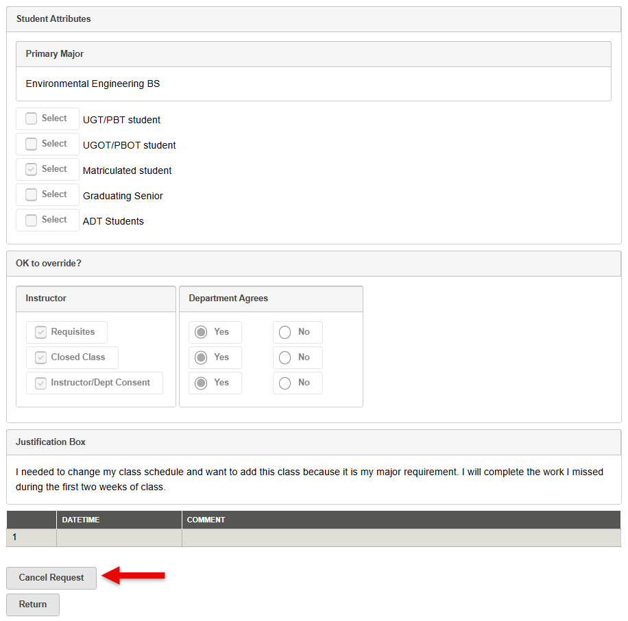 MyCSULB Screenshot - How to cancel a Permission to Add request