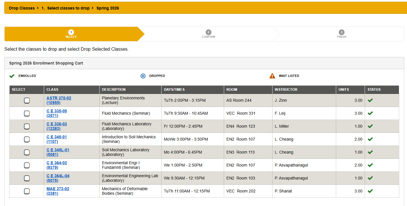 Screenshot of MyCSULB Class Search, Enrollment Drop screen