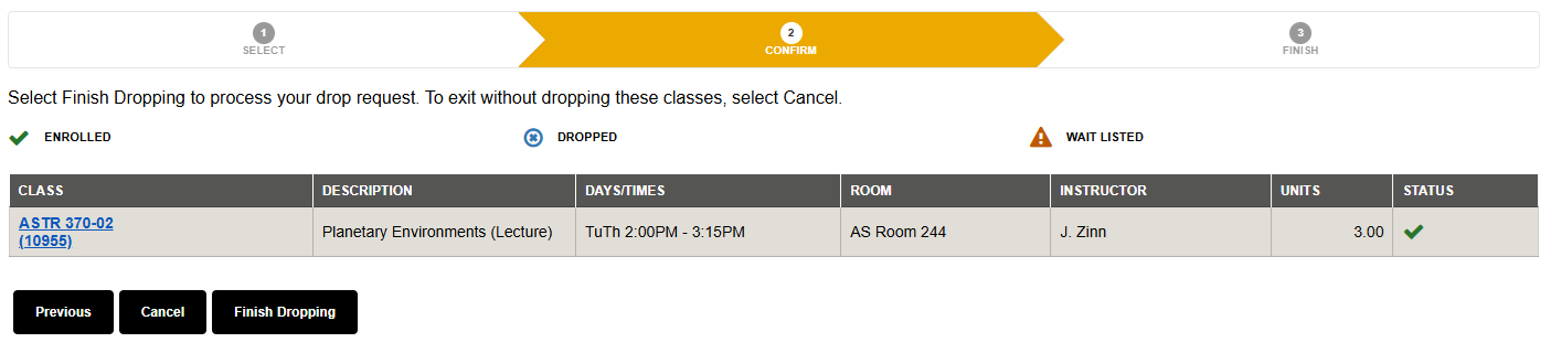 MyCSULB Student Center screenshot - Class Drop Confirmation screen