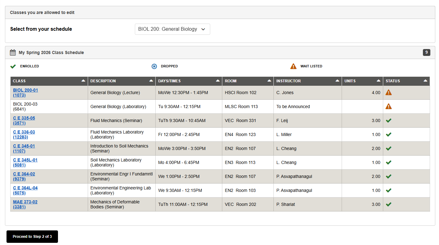 MyCSULB Student Center Screenshot - Select a class to edit