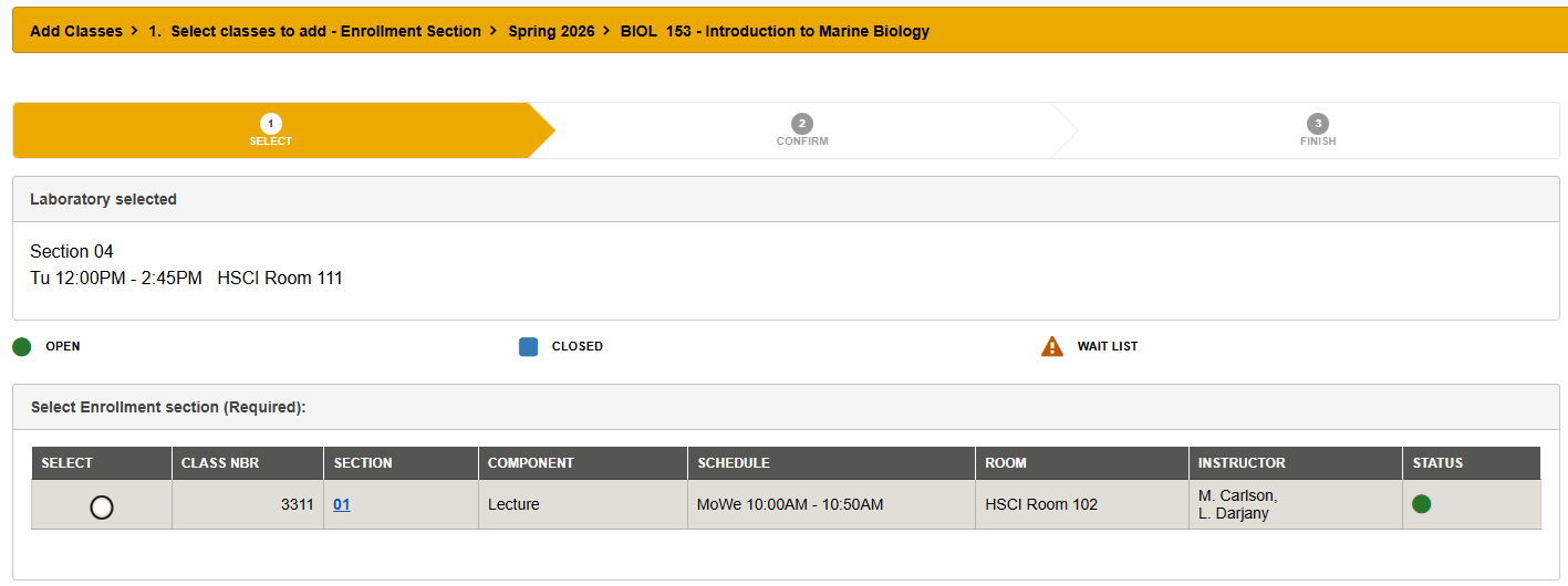 Screenshot of course component selection