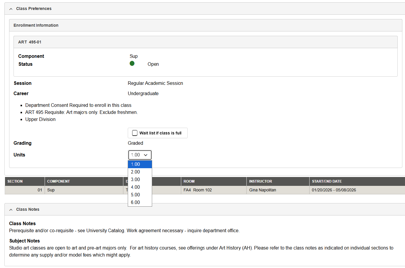 Screenshot of unit variable course selection