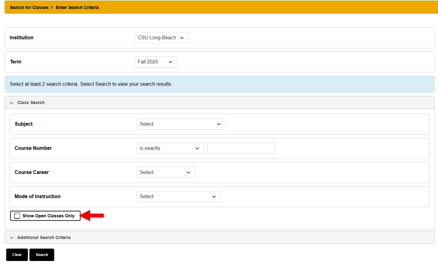 Screenshot of MyCSULB Class Search, "Open Classes Only" checkbox