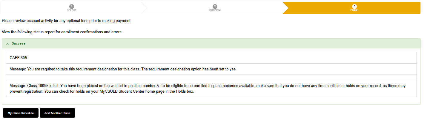 Screenshot of MyCSULB Student Center - Waitlist enrollment successful.