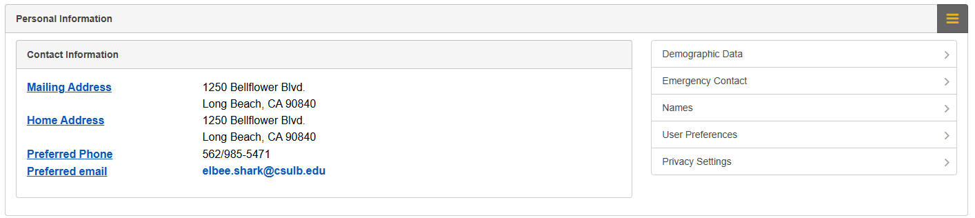 Screenshot of MyCSULB Personal Information section