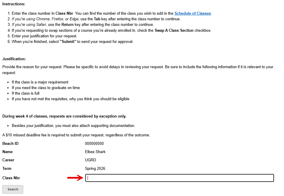 MyCSULB Screenshot - Enter class number for Permission to Add form