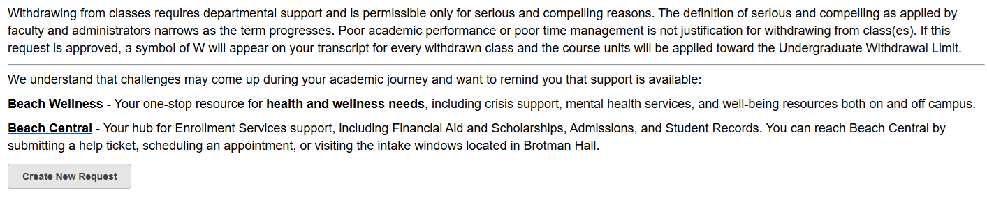 MyCSULB Screenshot. Create a new request to withdraw.