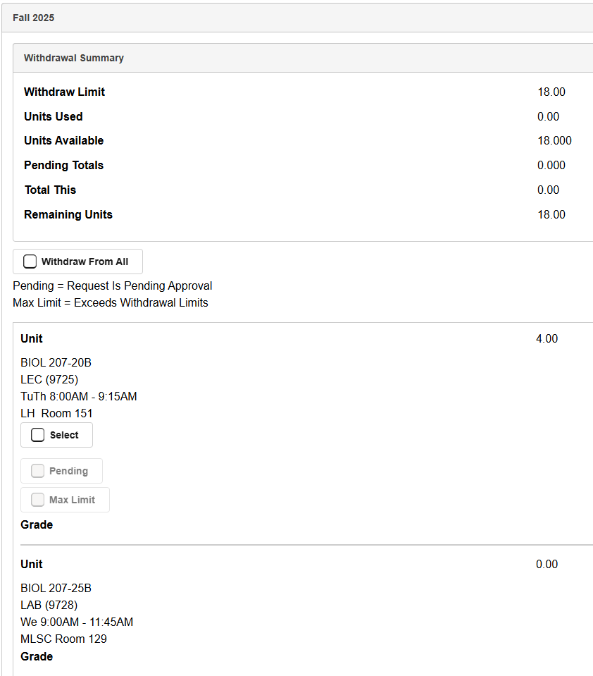 MyCSULB Screenshot - Submit a request to withdraw. A list of courses appears with checkboxes. Near the top, there is a checkbox that reads "Withdraw from All"