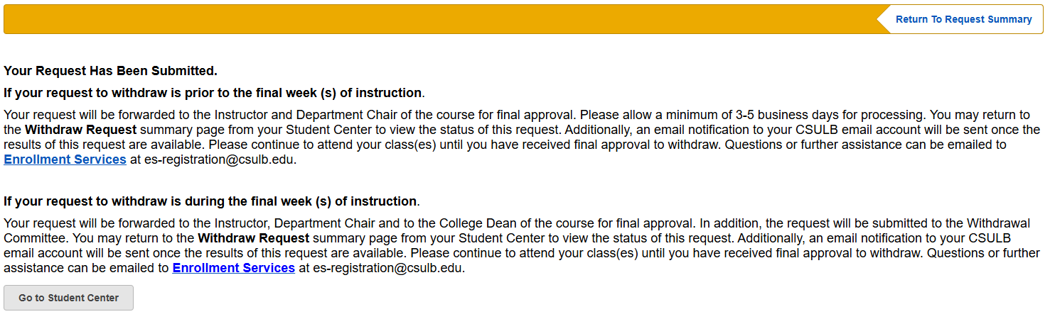MyCSULB Screenshot - Acknowledgement that a withdrawal request was submitted