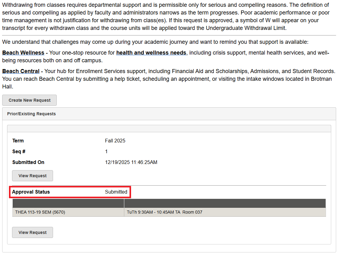 MyCSULB Screenshot - Review the status of your withdrawal request.