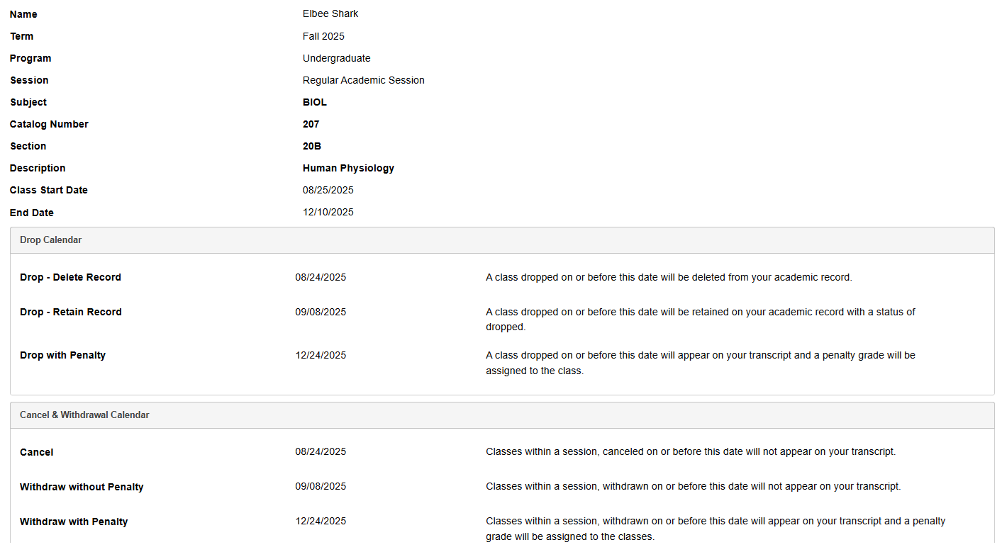 MyCSULB Student Center Screenshot - Add Drop Withdrawal Deadlines