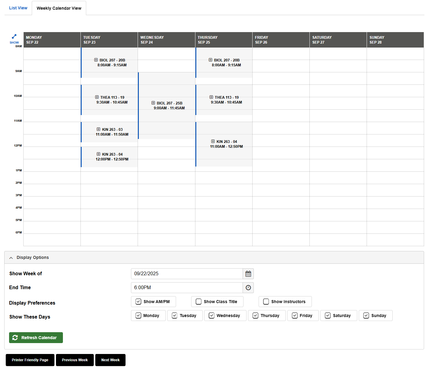 MyCSULB Student Center Screenshot - Weekly Calendar View