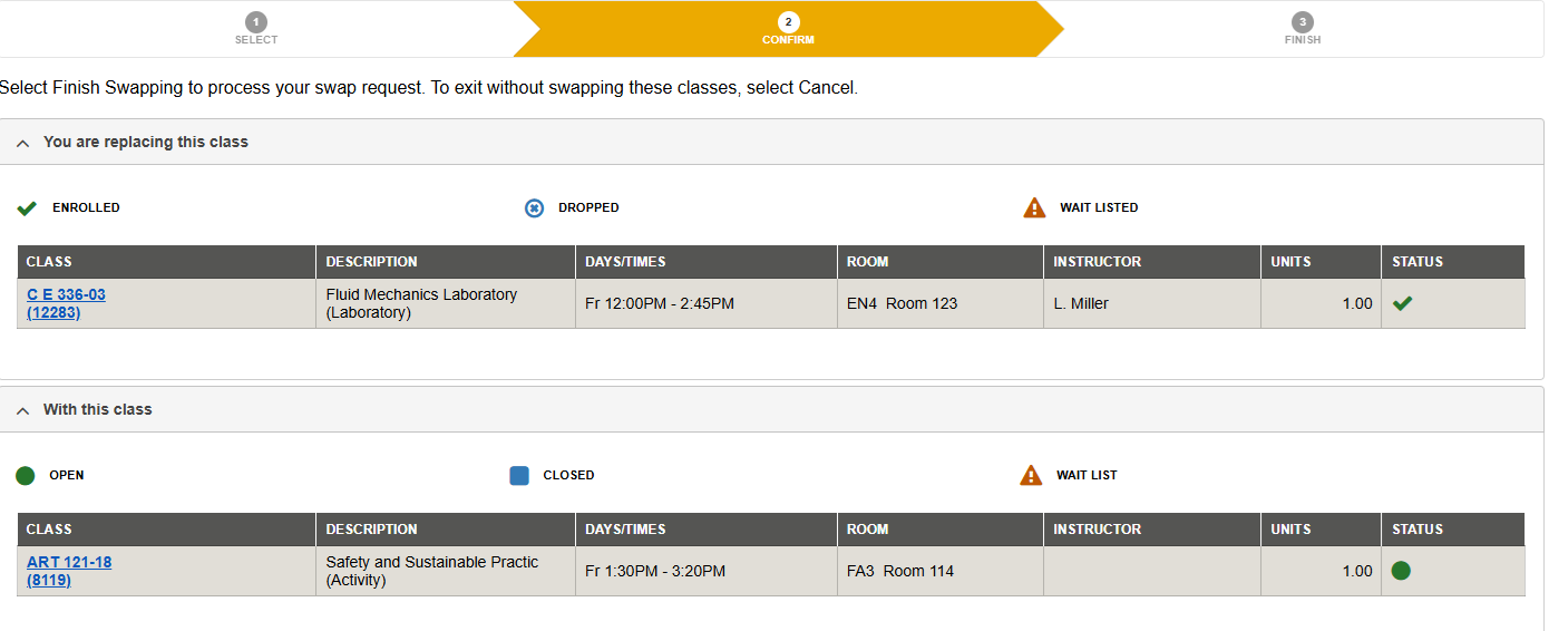 Screenshot of MyCSULB Student Center. Confirm class swap.