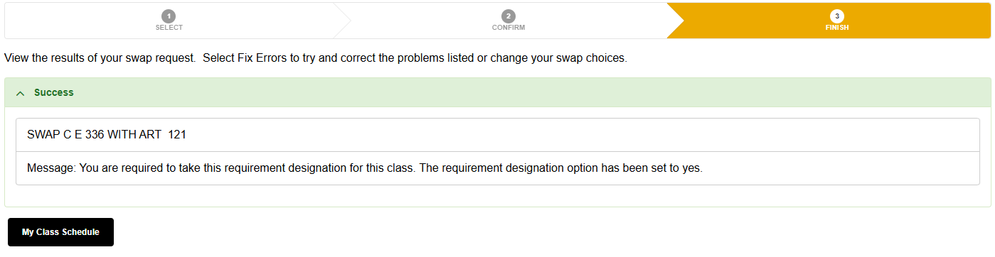Screenshot of MyCSULB Student Center - results of swapping a class.