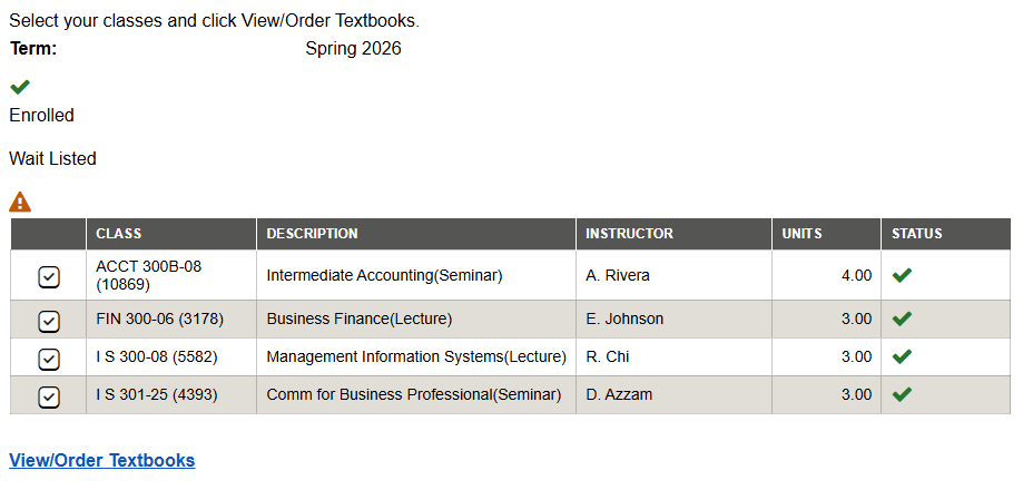 Image showing a selection of enrolled classes with details and an option to view and order textbooks.