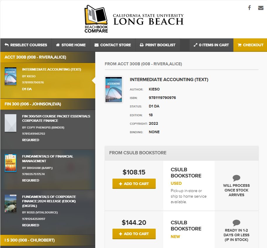 Screenshot of the BeachBook Compare page showing textbook options for ACCT 300B, including Intermediate Accounting with pricing and purchase options from the CSULB Bookstore