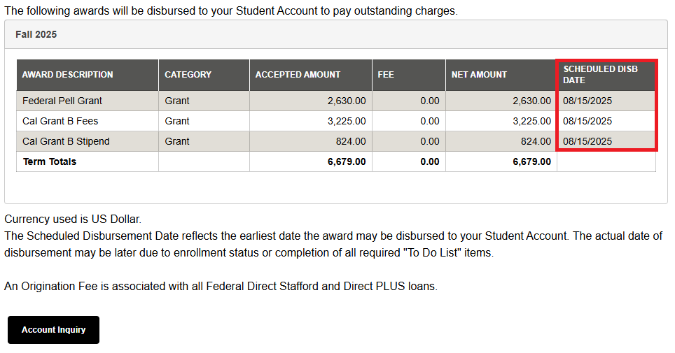 Image showing scheduled disbursements for the 2025-2026 academic year with details. A red box is over the column that says Scheduled Disbursement Date.